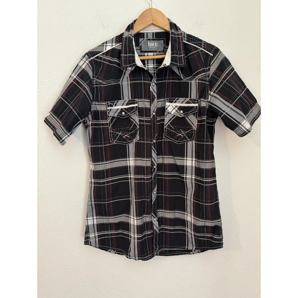 BKE Shirt Mens M Black White Plaid Cotton Blend Pockets Western Pearl Snap EUC